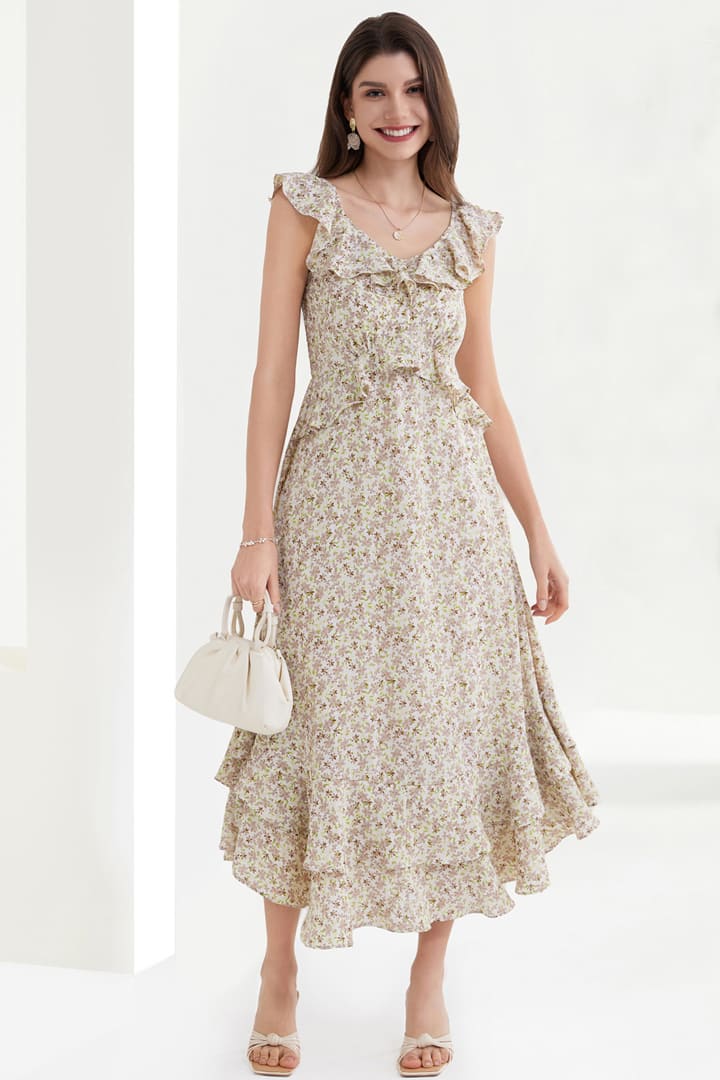 Floral Chiffon Layered Ruffle Skirt Maxi Dress main image 1