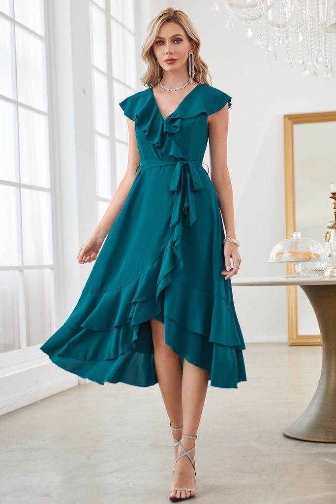 【Pre-Sale：Shipment arranged within 3 days】GK Women High-Lo Chiffon Dress Sleeveless V-Neck V-Back Ruffle Decorated DressPlease check the measurements below and choose the right size. Size(cm) US UK DE Recommended Body size Garment Bust Waist Length S 4-6