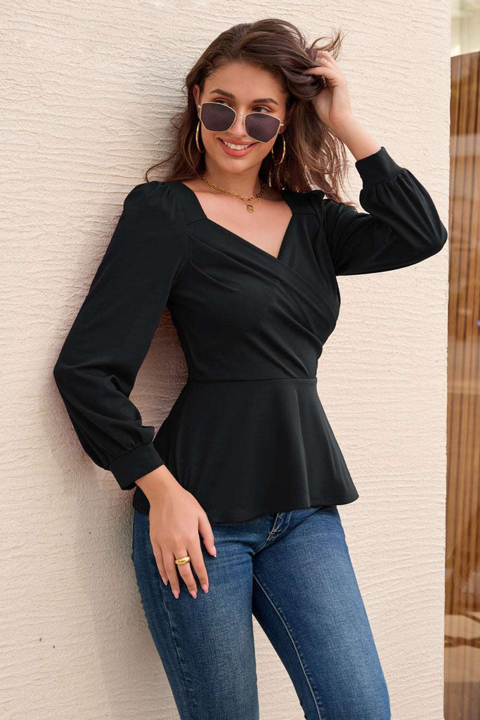 【Pre-Sale：Shipment arranged within 3 days】GK Women Peplum Hem Tops Long Sleeve Surplice V-Neck Pullover TopsPlease check the measurements below and choose the right size. Size(cm) US UK DE Recommended Body size Garment Measurement Bust Waist Length Sleeve
