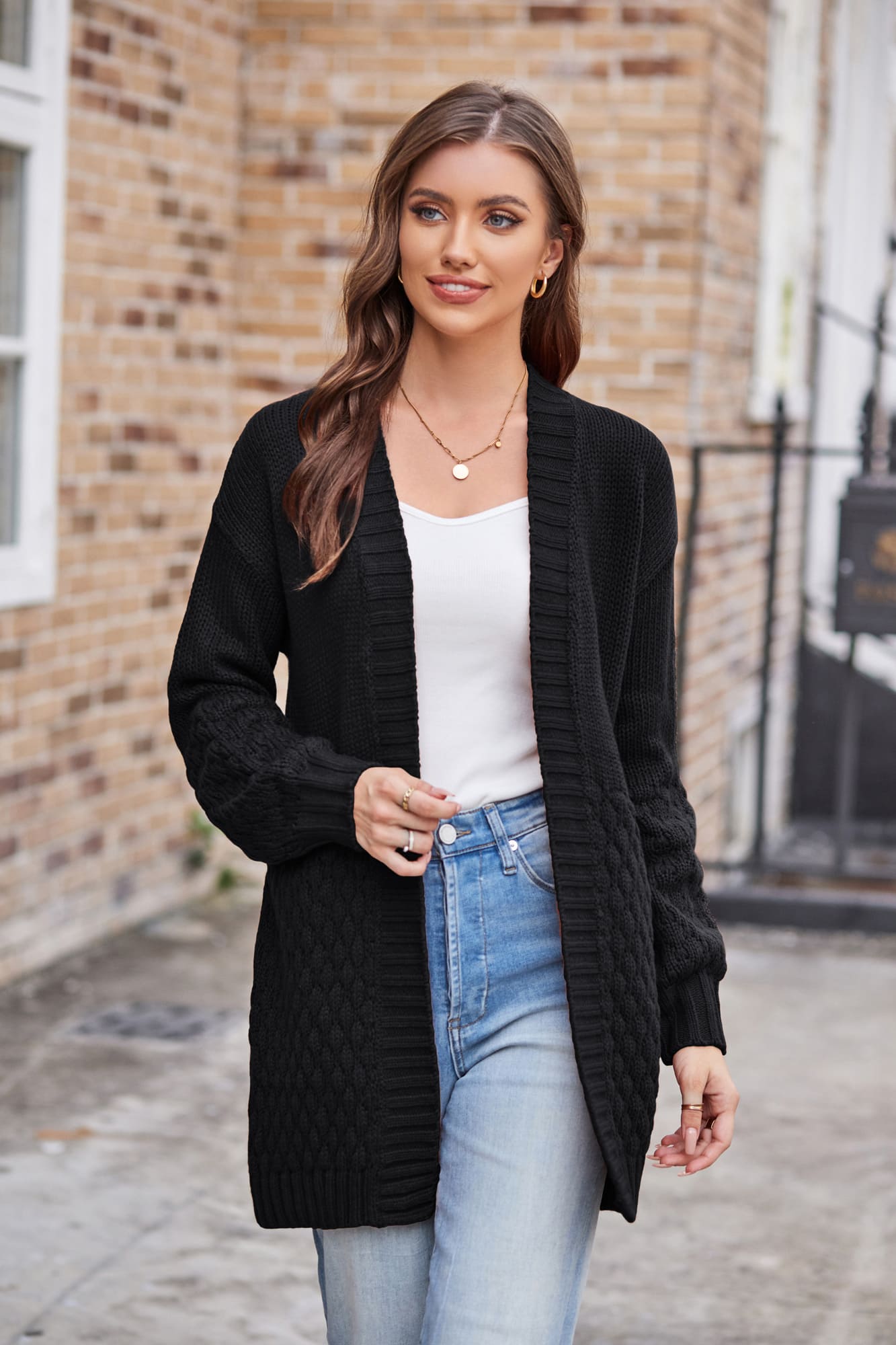 GK Women Textured Cardigan Long Sleeve Dropped Shoulder Open Front Sweater