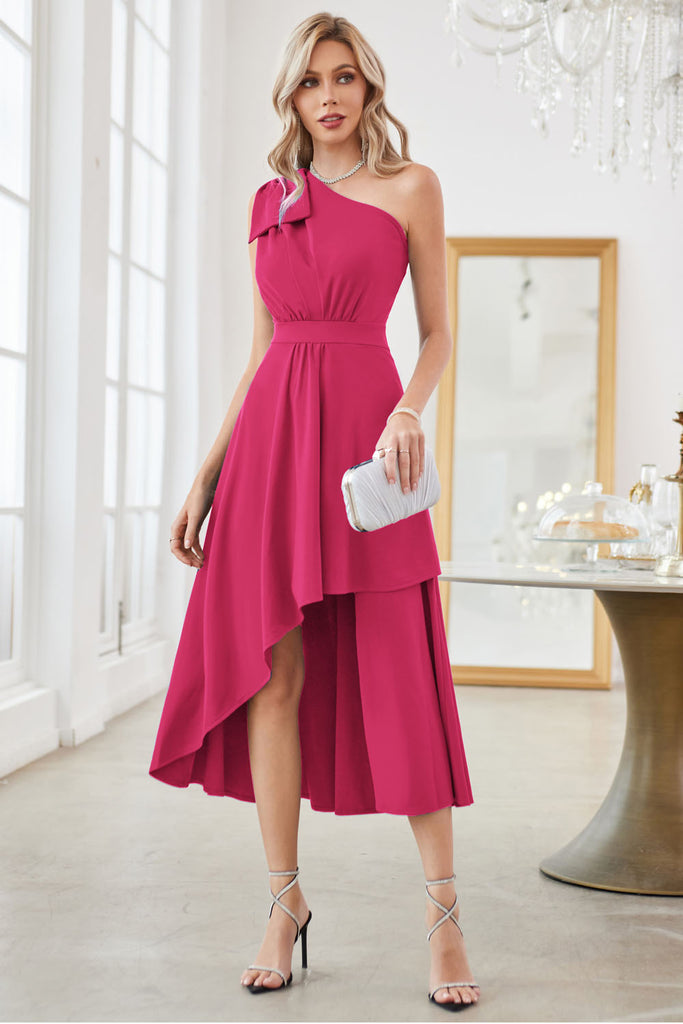 【Pre-Sale：Shipment arranged within 3 days】GK Women Wrap Front Party Dress One-Shoulder Defined Waist A-Line Midi DressPlease check the measurements below and choose the right size. Size(cm) US UK DE Recommended Body size Garment Bust Waist Length S 4~6 8~