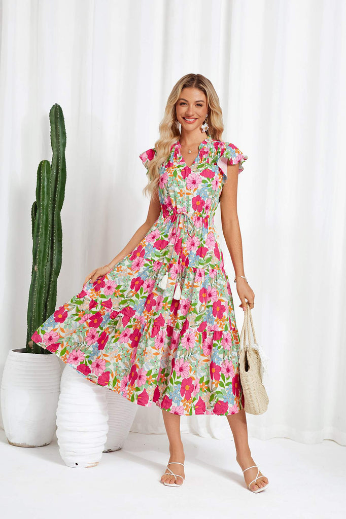 Drawstring Waist Flutter Sleeve V-Neck Tired A-Line Dress Drawstring Waist Flutter Sleeve V-Neck Tired A-Line Dress