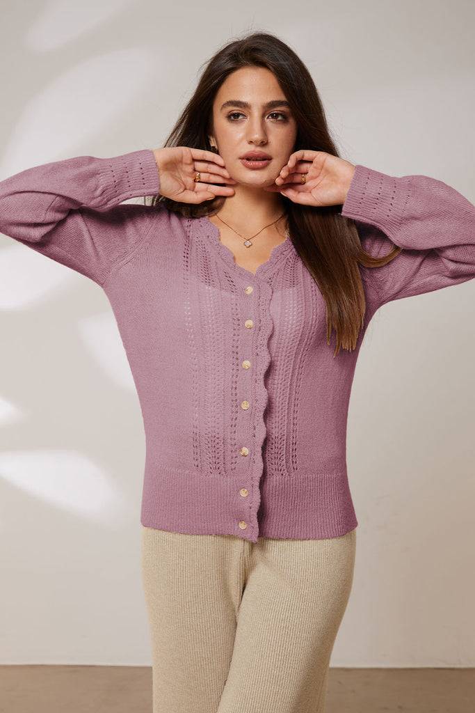 GRACE KARIN Hollowed-out Cardigan Long Sleeve V-Neck Wide Ribbed Hem SweaterPlease check the measurements below and choose the right size. Size(cm) US UK DE Recommended Body size Garment Measurement Bust Waist Back Length Sleeve Length S 4~6 8~10 34~36 86