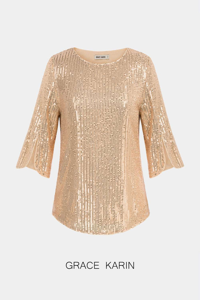 GRACE KARIN 3/4 Slit Sleeve Curved Hem Sequined Party TopsPlease check the measurements below and choose the right one. Size US UK DE Unit Fit Bust Fit Waist Length Sleeve Length S 4~6 8~10 34~36 cm 86.5~89 66~68.5 64 41 inch 34~35 26~27 25.2 16.1 M 8~10
