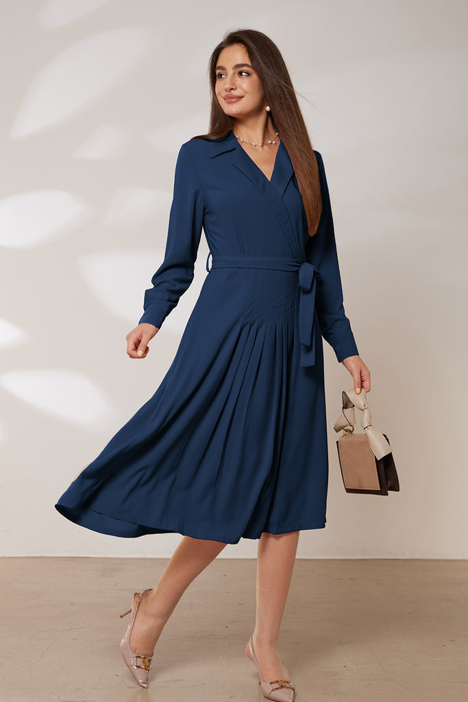 GRACE KARIN Lapel Collar Pleated Long Sleeve V-Neck Flared A-Line DressPlease check the measurements below and choose the right size. Size(cm) US UK DE Recommended Body size Garment Measurement Bust Waist Back Length Sleeve Length S 4~6 8~10 34~36 86.5~89
