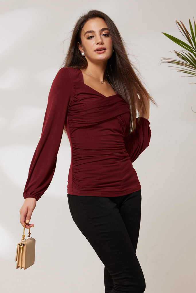 GRACE KARIN Ruched Comfy Casual Long Sleeve Square V-Neck Tops​Please check the measurements below and choose the right size. Size(cm) US UK DE Recommended Body size Garment Measurement Bust Waist Back Length Sleeve Length S 4~6 8~10 34~36 85~90 68~73 55