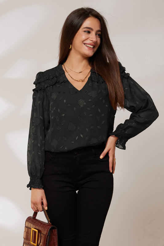 GK Women Ruffle Decorated Blouse Casual Long Sleeve V-Neck Pullover TopsPlease check the measurements below and choose the right size. Size(cm) US UK DE Recommended Body size Garment Measurement Bust Waist Back Length Sleeve Length S 4~6 8~10 34~36 86.5~8