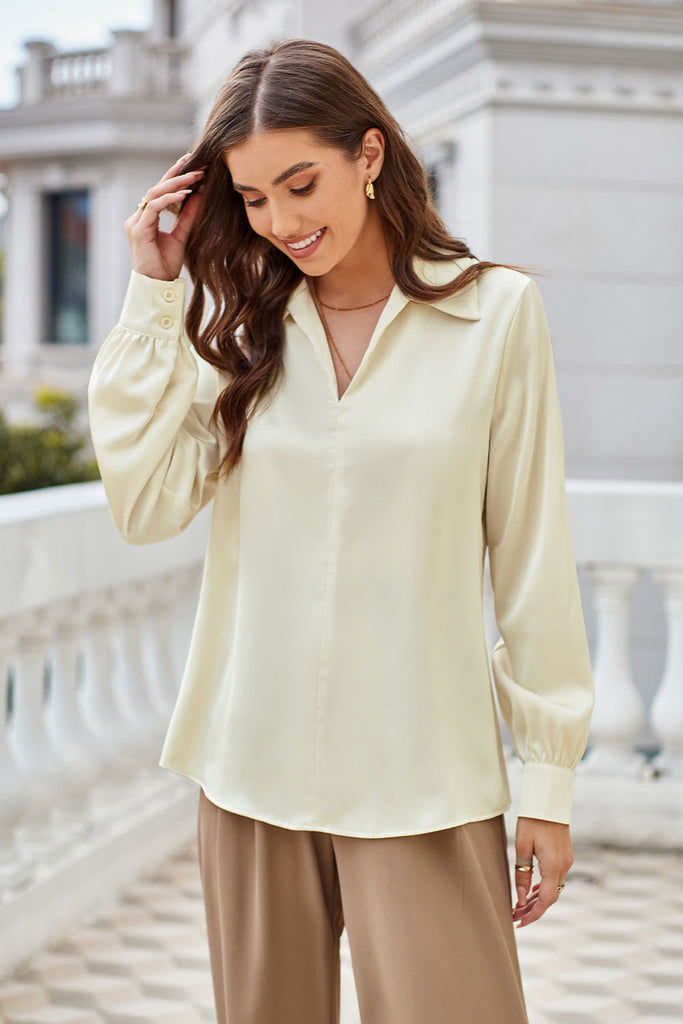 GK Women Lapel Collar Blouse Casual Loose Fit Comfy Long Sleeve V-Neck TopsPlease check the measurements below and choose the right size. Size(cm) US UK DE Recommended Body size Garment Measurement Bust Waist Back Length Sleeve Length S 4~6 8~10 34~36 86.