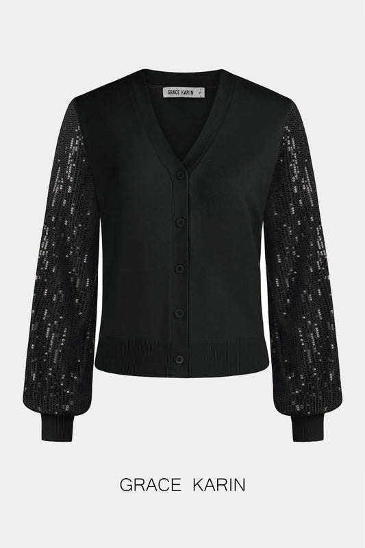 GRACE KARIN Contrast Fabric Cardigan Sequined V-Neck Party Sweater​Please check the measurements below and choose the right size. Size(cm) US UK DE Recommended Body size Garment Measurement Bust Waist Back Length Sleeve Length S 4~6 8~10 34~36 86.5~89 70~