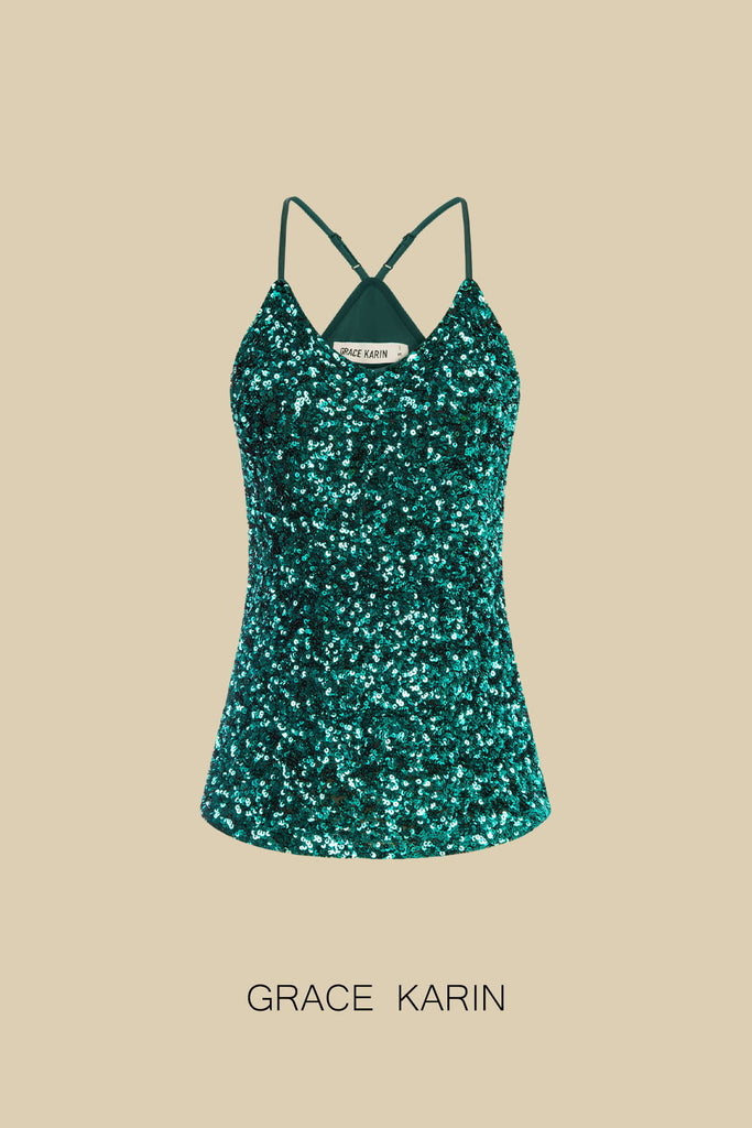 GRACE KARIN Spaghetti Straps V-Neck Sequined Cami TopsPlease check the measurements below and choose the right size. Size US UK DE Unit Fit Bust Fit Waist Length S 4~6 8~10 34~36 cm 86.5~89 66~68.5 51 inch 34~35 26~27 20.0 M 8~10 12~14 38~40 cm 91.5~94 71