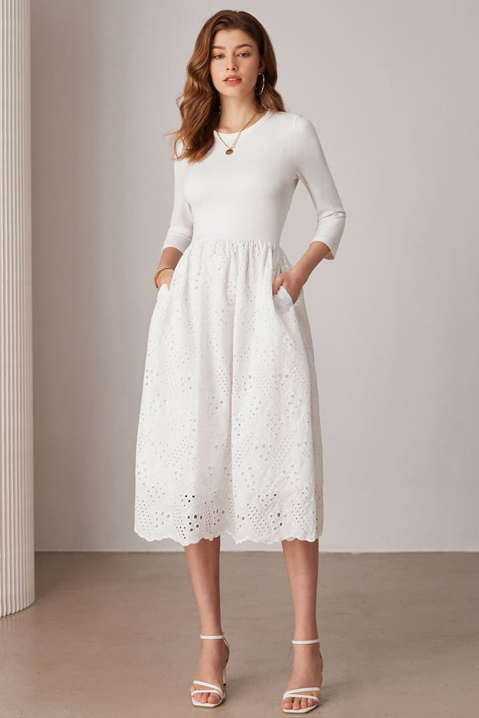 Casual Eyelet Empire Waist 3/4 Sleeve Midi Dress Casual Eyelet Empire Waist 3/4 Sleeve Midi Dress