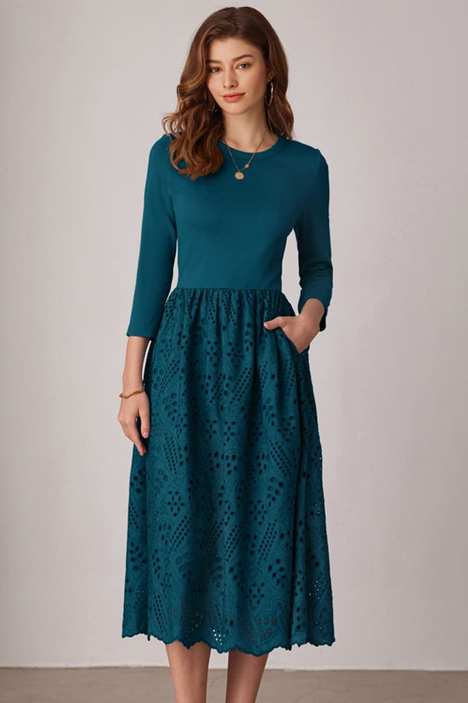 Casual Eyelet Empire Waist 3/4 Sleeve Midi Dress Casual Eyelet Empire Waist 3/4 Sleeve Midi Dress