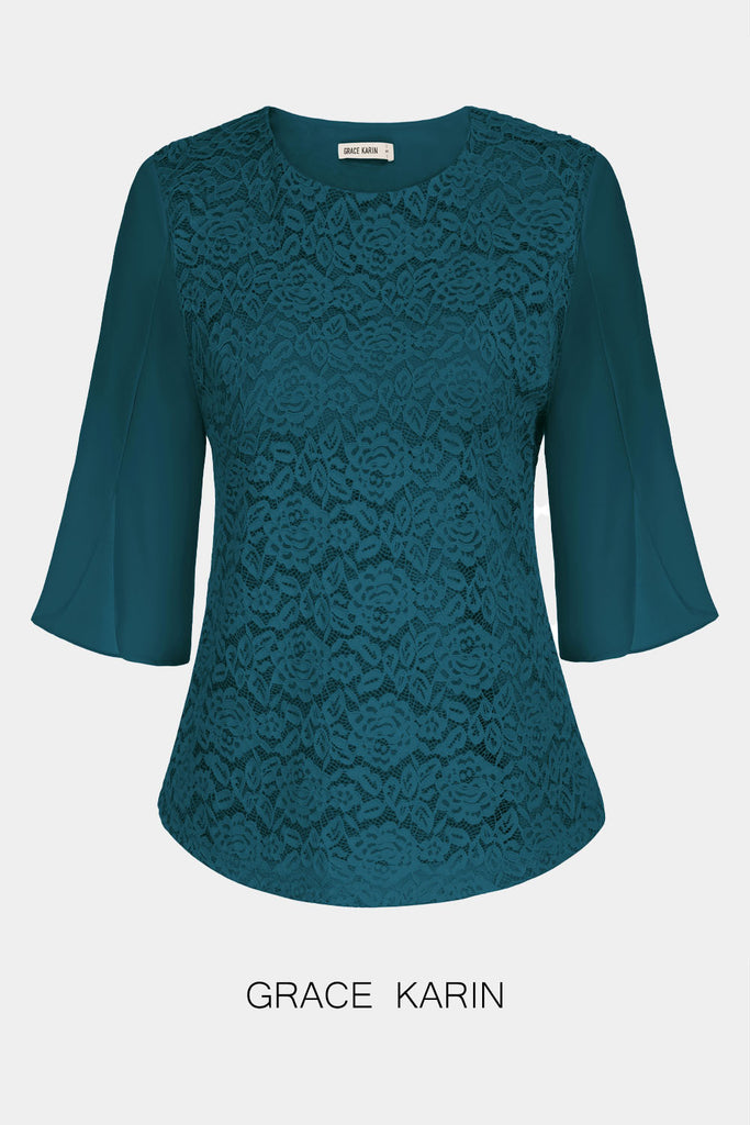 GK Women Lace Patchwork Tops 3/4 Slit Sleeve Crew Neck Pullover Tops﻿ ​Please check the measurements below and choose the right size. Size US UK DE Unit Fit Bust Fit Waist Length Sleeve Length S 4~6 8~10 34~36 cm 86.5~89 66~68.5 63.0 39.0 inch 34~35 26~27