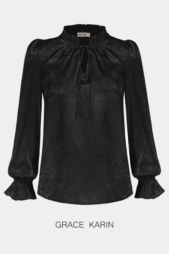 GRACE KARIN Ruffled Stand Collar Blouse Long Sleeve V-Neck Pullover TopsPlease check the measurements below and choose the right size. Size(cm) US UK DE Recommended Body size Garment Measurement Bust Waist Back Length Sleeve Length S 4~6 8~10 34~36 86.5~8