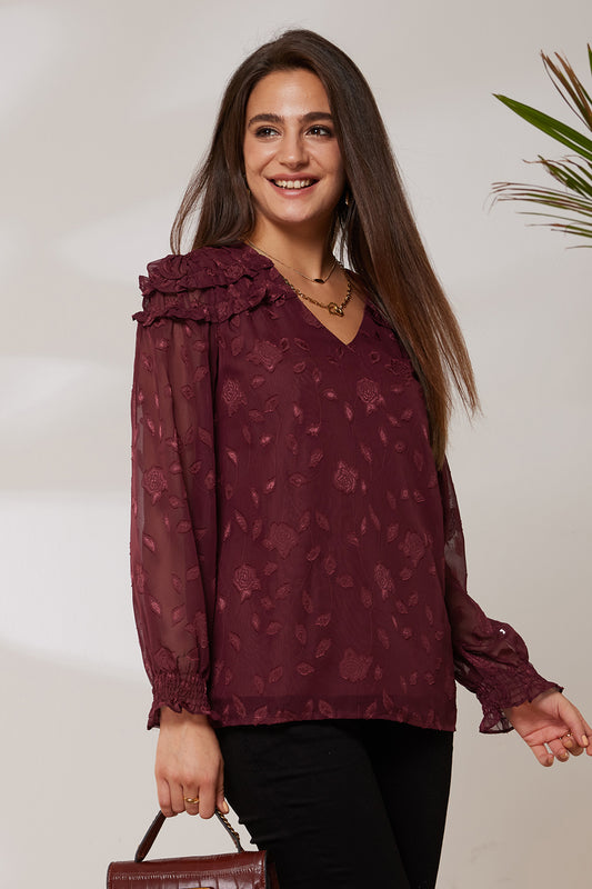 GK Women Ruffle Decorated Blouse Casual Long Sleeve V-Neck Pullover TopsPlease check the measurements below and choose the right size. Size(cm) US UK DE Recommended Body size Garment Measurement Bust Waist Back Length Sleeve Length S 4~6 8~10 34~36 86.5~8
