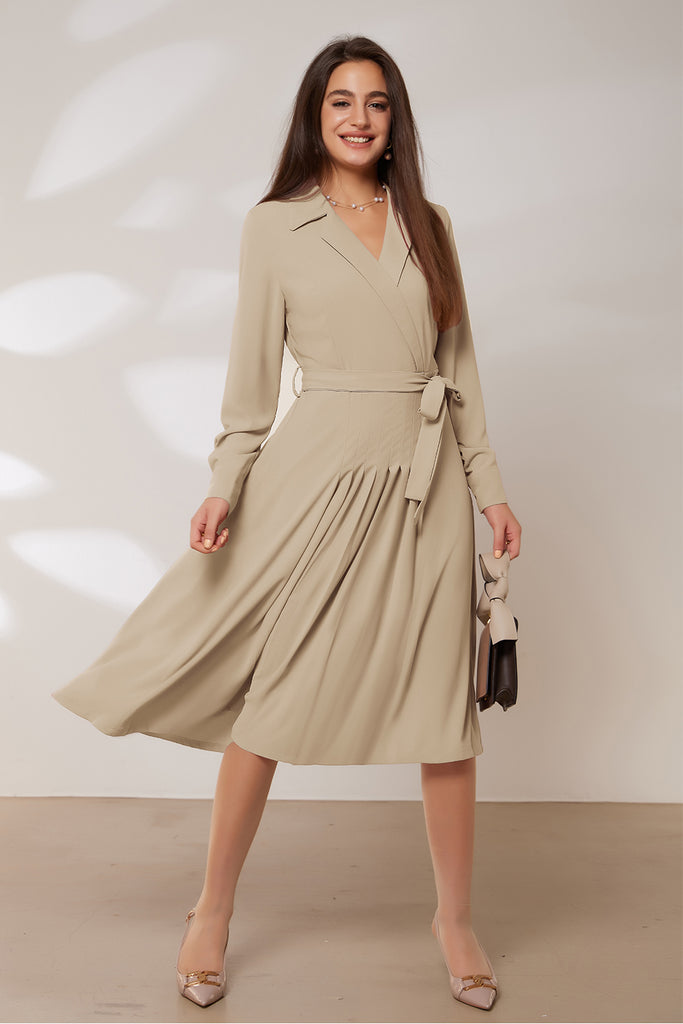 GRACE KARIN Lapel Collar Pleated Long Sleeve V-Neck Flared A-Line DressPlease check the measurements below and choose the right size. Size(cm) US UK DE Recommended Body size Garment Measurement Bust Waist Back Length Sleeve Length S 4~6 8~10 34~36 86.5~89