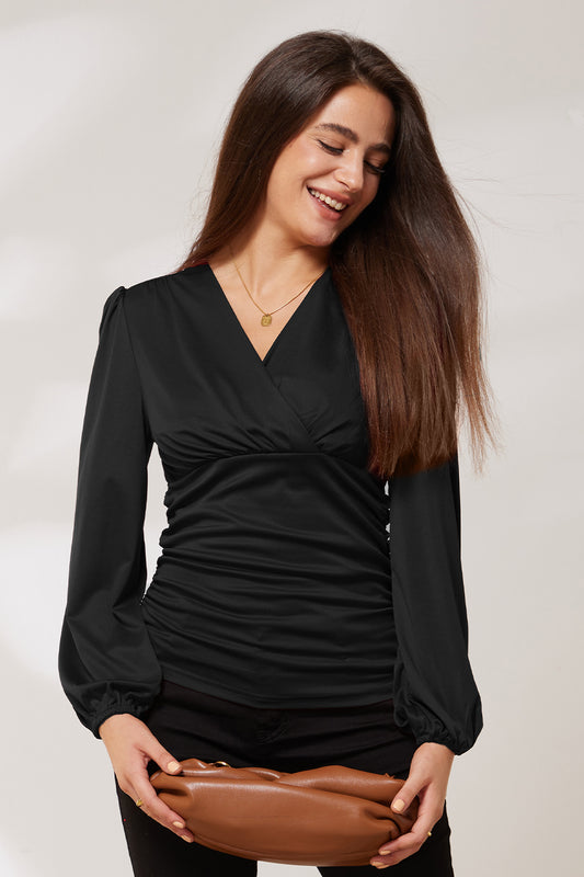 GRACE KARIN Ruched Long Lantern Sleeve TopsPlease check the measurements below and choose the right one. Size US UK DE Unit Fit Bust Fit Waist Back Length Sleeve Length S 4~6 8~10 34~36 cm 86.5~89 66~68.5 50 64 inch 34~35 26~27 19.7 25.2 M 8~10 12~14 38~4