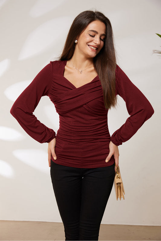 GRACE KARIN Ruched Comfy Casual Long Sleeve Square V-Neck Tops​Please check the measurements below and choose the right size. Size(cm) US UK DE Recommended Body size Garment Measurement Bust Waist Back Length Sleeve Length S 4~6 8~10 34~36 85~90 68~73 55