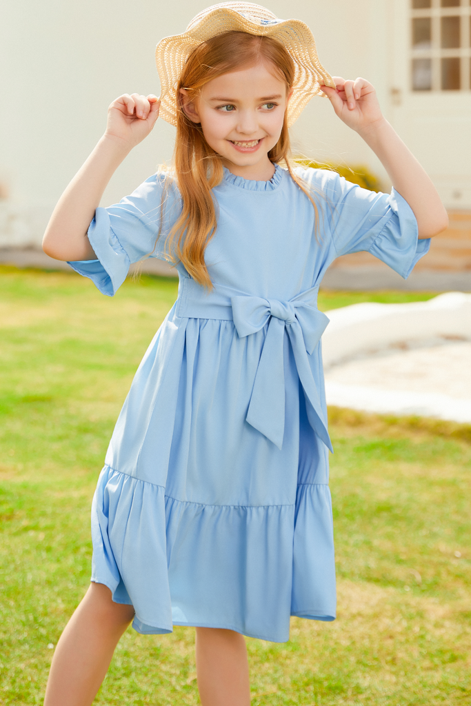 GRACE KARIN Kids Bell Sleeve Tiered Dress 1/2 Sleeve Crew Neck V-Back Flared A-Line DressWarm Tips: measurements such as height are a better guide than age in choosing the correct size. Tag Size US Size Fit Age Fit Height Garment Data Chest Length Sleeve