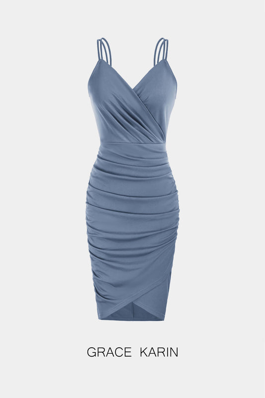 Grace Karin Women Dual Strap Party Dress V-Neck Wrap Hem Ruched Mini DressPlease check the measurements below and choose the right one. Size US UK DE Unit Fit Bust Fit Waist Fit Hips Length S 4~6 8~10 34~36 cm 86.5~89 66~68.5 93~95.5 98 inch 34~35 26~27 3