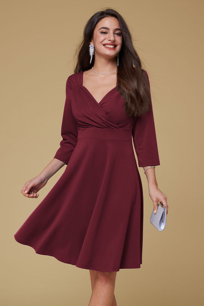 GRACE KARIN Surplice V-Neck 3/4 Sleeve Flared DressPlease check the measurements below and choose the right size. Size US UK DE Unit Recommended Body size Garment Bust Waist Back Length Sleeve Length S 4~6 8~10 34~36 cm 86.5~89 70~72.5 87.0 43.0 inch 34~3