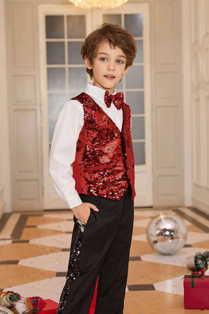 【$19.99 Flash Sale!】GK Boys Sequined Party Vest Kids V-Neck Handkerchief Hem Waistcoat+Bow-KnotWarm Tips:measurements such as height are a better guide than age in choosing the correct size. Tag Size US Size Fit Age Fit Height Garment Data(cm) Chest Back