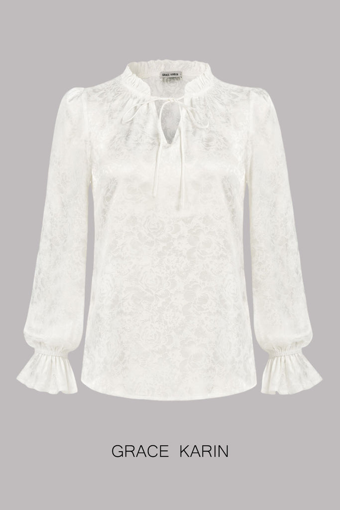 GRACE KARIN Ruffled Stand Collar Blouse Long Sleeve V-Neck Pullover TopsPlease check the measurements below and choose the right size. Size(cm) US UK DE Recommended Body size Garment Measurement Bust Waist Back Length Sleeve Length S 4~6 8~10 34~36 86.5~8