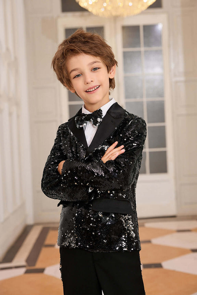 GK Boys Sequined Party Suits Kids Peak Lapel Two-Button Blazer Coat+PantsWarm Tips:measurements such as height are a better guide than age in choosing the correct size. Tag Size US Size Fit Age Fit Height Garment Data(cm) BackLength Sleeve Length Waistlin