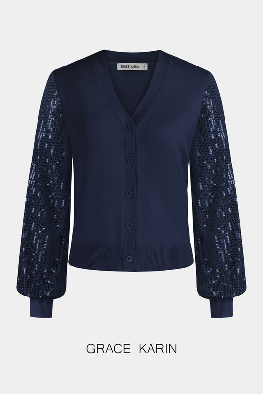 GRACE KARIN Contrast Fabric Cardigan Sequined V-Neck Party Sweater​Please check the measurements below and choose the right size. Size(cm) US UK DE Recommended Body size Garment Measurement Bust Waist Back Length Sleeve Length S 4~6 8~10 34~36 86.5~89 70~