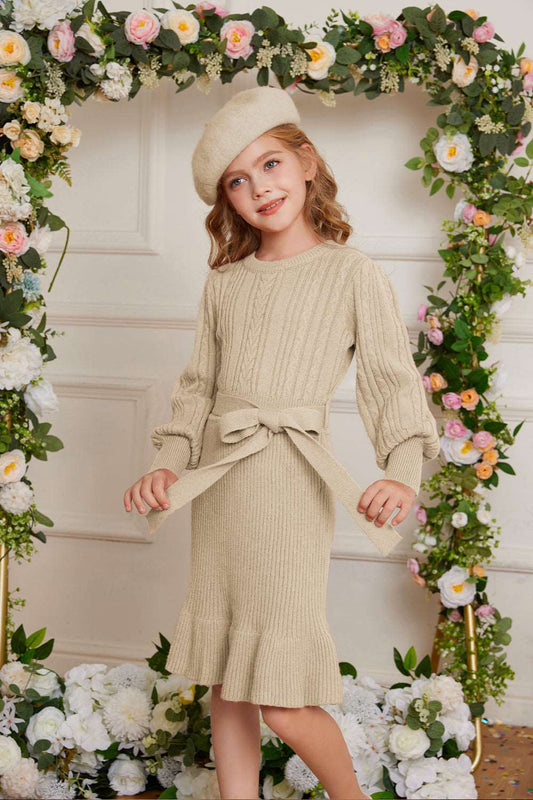 GRACE KAEIN Kids Mermaid Hem Crew Neck Knitted Sweater Dress​Warm Tips:measurements such as height are a better guide than age in choosing the correct size. TagSize USSize Fit Age Fit Height Garment Data(cm) Chest Back Length Sleeve Length 7Y 7 6~7 Years