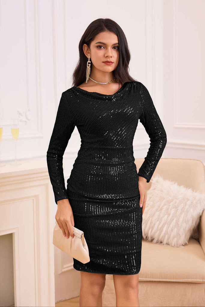 GK Women Sequined Party Dress Long Sleeve Cowl Neck Ruched Bodycon DressPlease check the measurements below and choose the right size. Size(cm) US UK DE Recommended Body size Garment Measurement Bust Waist Hips Back Length Sleeve Length S 4~6 8~10 34~36 8