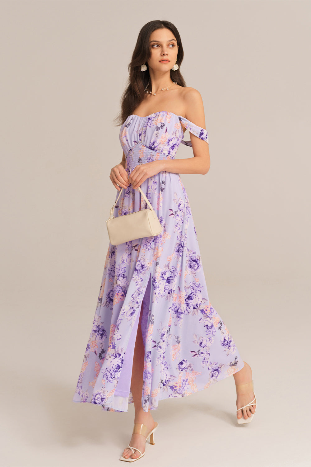 Front Slit Off Shoulder Elastic Waist Flared Dress