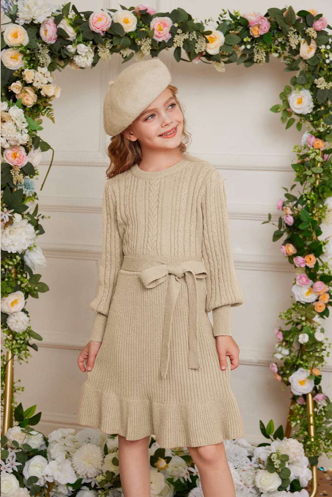 GRACE KAEIN Kids Mermaid Hem Crew Neck Knitted Sweater Dress​Warm Tips:measurements such as height are a better guide than age in choosing the correct size. TagSize USSize Fit Age Fit Height Garment Data(cm) Chest Back Length Sleeve Length 7Y 7 6~7 Years