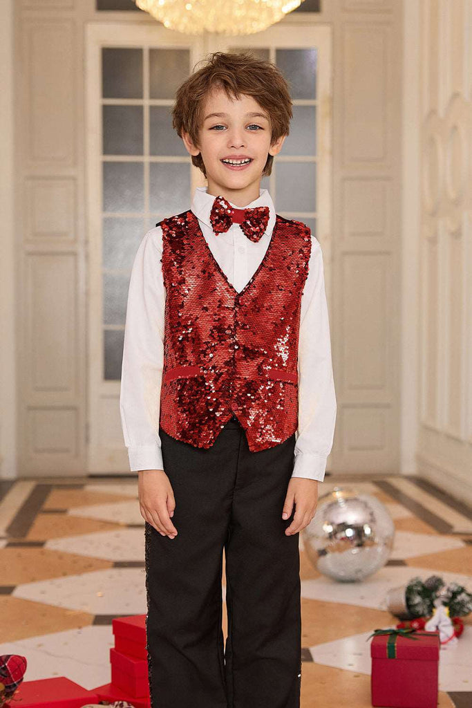【$19.99 Flash Sale!】GK Boys Sequined Party Vest Kids V-Neck Handkerchief Hem Waistcoat+Bow-KnotWarm Tips:measurements such as height are a better guide than age in choosing the correct size. Tag Size US Size Fit Age Fit Height Garment Data(cm) Chest Back