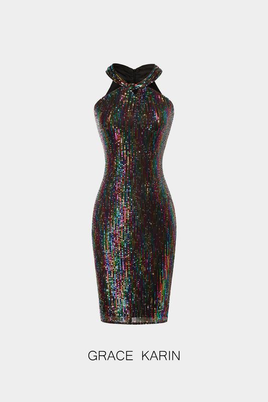 GRACE KARIN Sequined Halterneck Bodycon Party DressPlease check the measurements below and choose the right one. Size US UK DE Unit Fit Bust Fit Waist Fit Hips Back Length S 4~6 8~10 34~36 cm 86.5~89 66~68.5 93~95.5 95 inch 34~35 26~27 36.5~37.5 37.4 M 8~