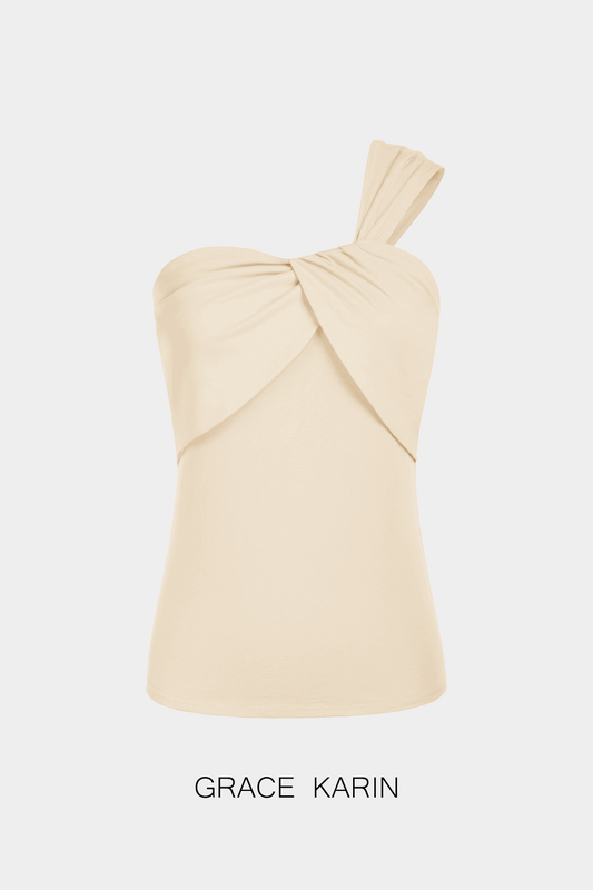 GRACE KARIN Slim Fit Asymmetric One-Shoulder Knotted Bodice TopsPlease check the measurements below and choose the right Size Size US UK DE Unit Fit Bust Fit Waist Length S 4~6 8~10 34~36 cm 86.5~89 66~68.5 46.0 inch 34~35 26~27 18.1 M 8~10 12~14 38~40 cm