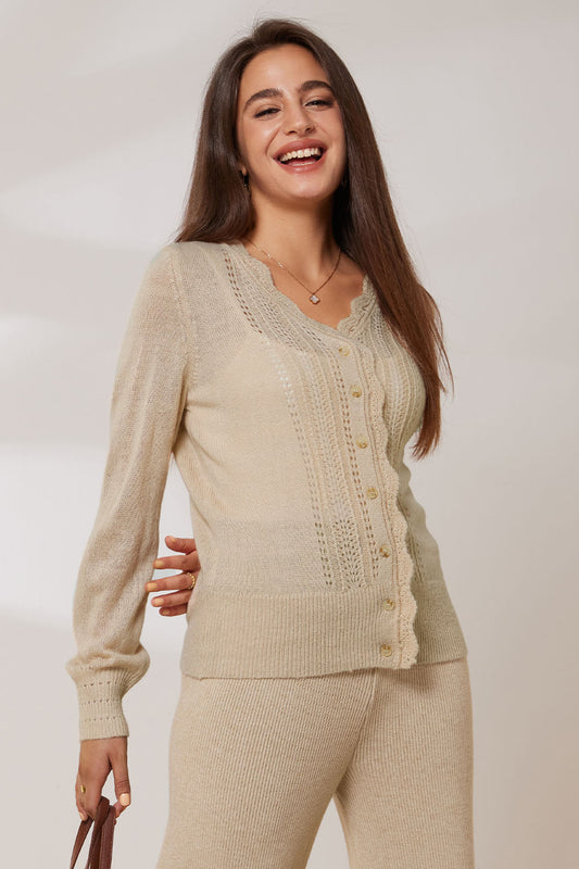 GRACE KARIN Hollowed-out Cardigan Long Sleeve V-Neck Wide Ribbed Hem SweaterPlease check the measurements below and choose the right size. Size(cm) US UK DE Recommended Body size Garment Measurement Bust Waist Back Length Sleeve Length S 4~6 8~10 34~36 86