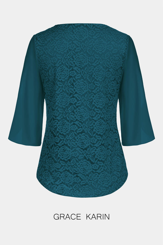 GK Women Lace Patchwork Tops 3/4 Slit Sleeve Crew Neck Pullover Tops﻿ ​Please check the measurements below and choose the right size. Size US UK DE Unit Fit Bust Fit Waist Length Sleeve Length S 4~6 8~10 34~36 cm 86.5~89 66~68.5 63.0 39.0 inch 34~35 26~27