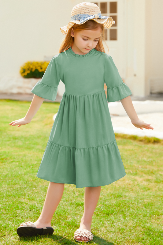 GRACE KARIN Kids Bell Sleeve Tiered Dress 1/2 Sleeve Crew Neck V-Back Flared A-Line DressWarm Tips: measurements such as height are a better guide than age in choosing the correct size. Tag Size US Size Fit Age Fit Height Garment Data Chest Length Sleeve