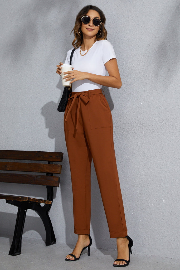 Grace Karin Women High Waist Pants with Belt Elastic Waist Fold-up Leg Opening Trousers​Please check the measurements below and choose the right size . Size US UK DE Unit Recommended Body size Garment Waist Hips OutseamLength InseamLength S 4~6 8~10 32~34