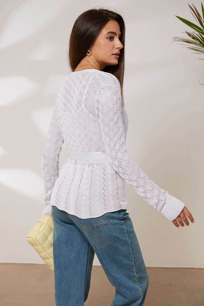 GRACE KARIN Women Hollowed-out Cardigan with Belt Long Sleeve Open Front KnitwearPlease check the measurements below and choose the right one. Size US UK DE Unit Fit Bust Fit Waist Back Length Sleeve Length S 4~6 8~10 34~36 cm 86.5~89 66~68.5 55 59 inch 3