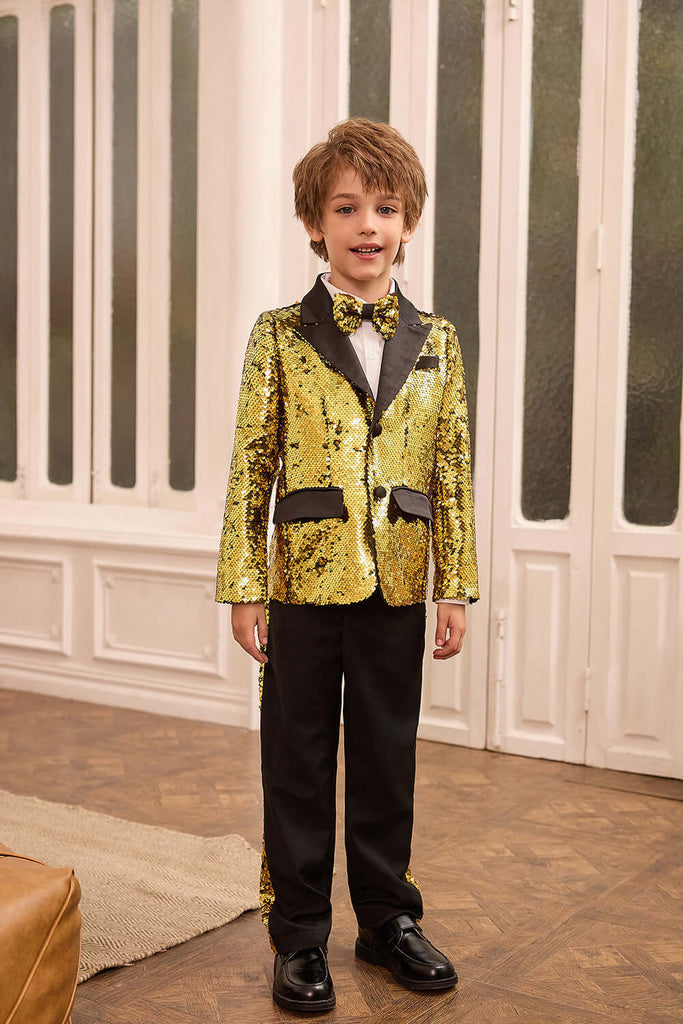 GK Boys Sequined Party Suits Kids Peak Lapel Two-Button Blazer Coat+PantsWarm Tips:measurements such as height are a better guide than age in choosing the correct size. Tag Size US Size Fit Age Fit Height Garment Data(cm) BackLength Sleeve Length Waistlin