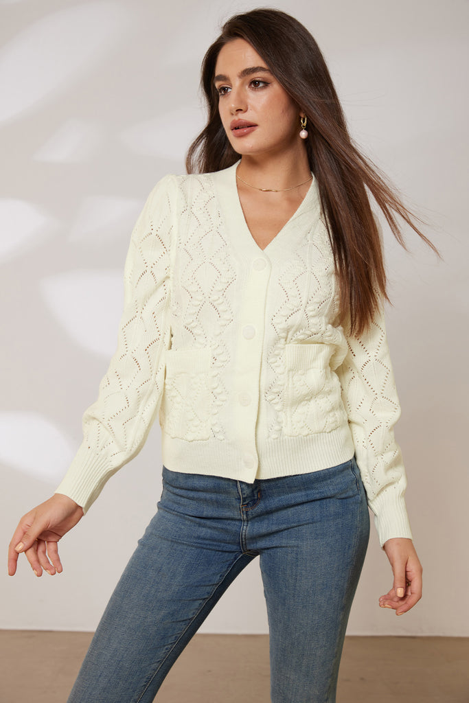 GRACE KARIN Hollowed-out Cardigan V-Neck Button-up Knitwear SweaterPlease check the measurements below and choose the right size. Size US UK DE Unit Recommended Body size Garment Bust Waist Back Length Sleeve Length S 4~6 8~10 34~36 cm 86.5~89 70~72.5 53
