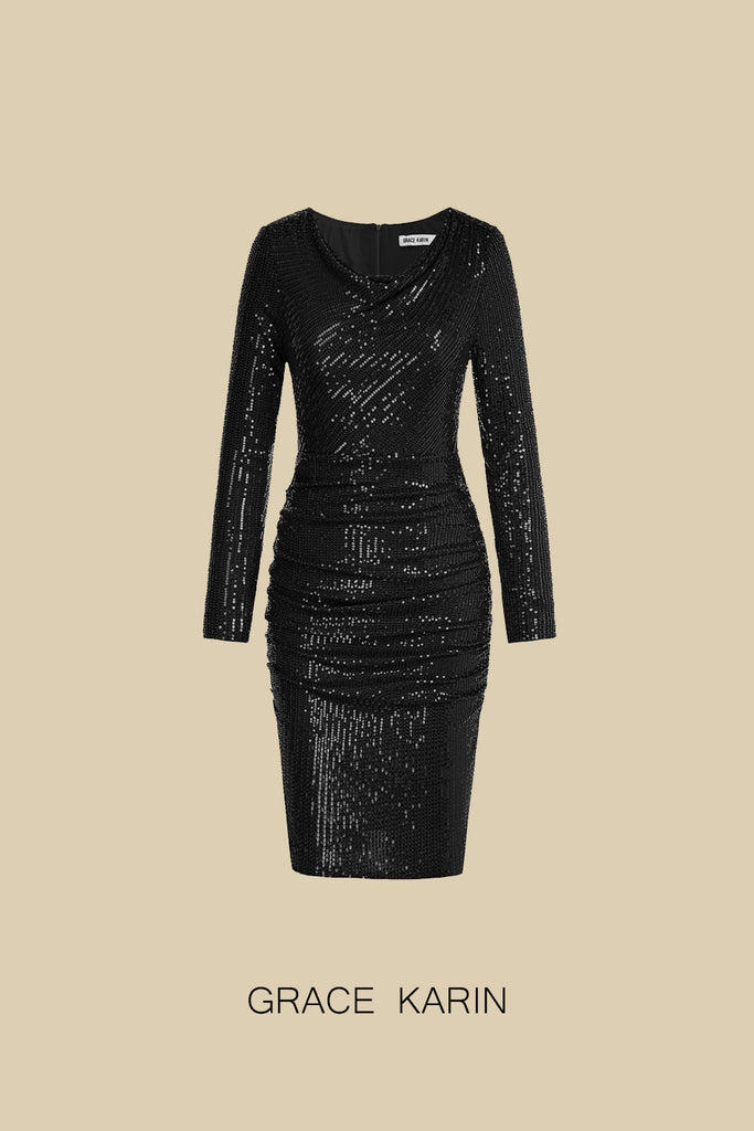 GK Women Sequined Party Dress Long Sleeve Cowl Neck Ruched Bodycon DressPlease check the measurements below and choose the right size. Size(cm) US UK DE Recommended Body size Garment Measurement Bust Waist Hips Back Length Sleeve Length S 4~6 8~10 34~36 8