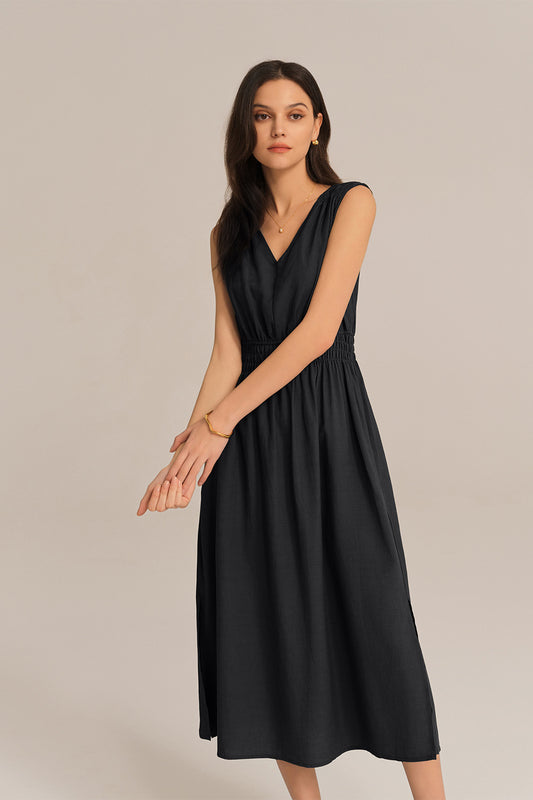 grace karin black dress GRACE KARIN Smocked black Bodice Dress Casual Midi Bell Sleeve A-Line Dress