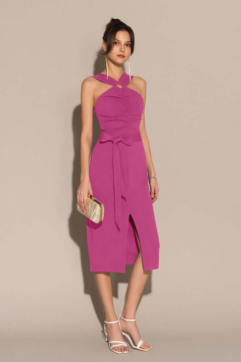 Front Slit Ruched Bodice Halterneck Bodycon Party Dress - Pink