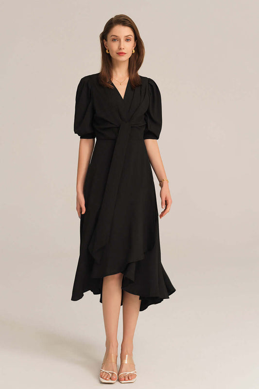 grace karin black dress GRACE KARIN Smocked black Bodice Dress Casual Midi Bell Sleeve A-Line Dress