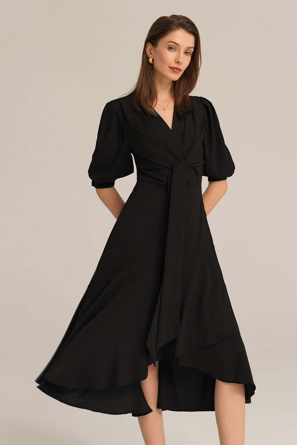 black midi dress with bows Bow-Knot Wrap Hem V-Neck 3/4 Sleeve SHOP ALL WOMEN'S Waist:W32 Flared hemline Cracker Barrel dress? Yes