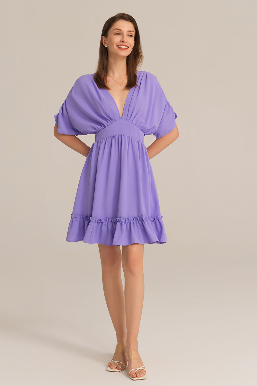 Plunging V-Neck Short Batwing Sleeve Flared A-Line Dress - Purple Plunging V-Neck Short Batwing Sleeve Flared A-Line Dress - Purple