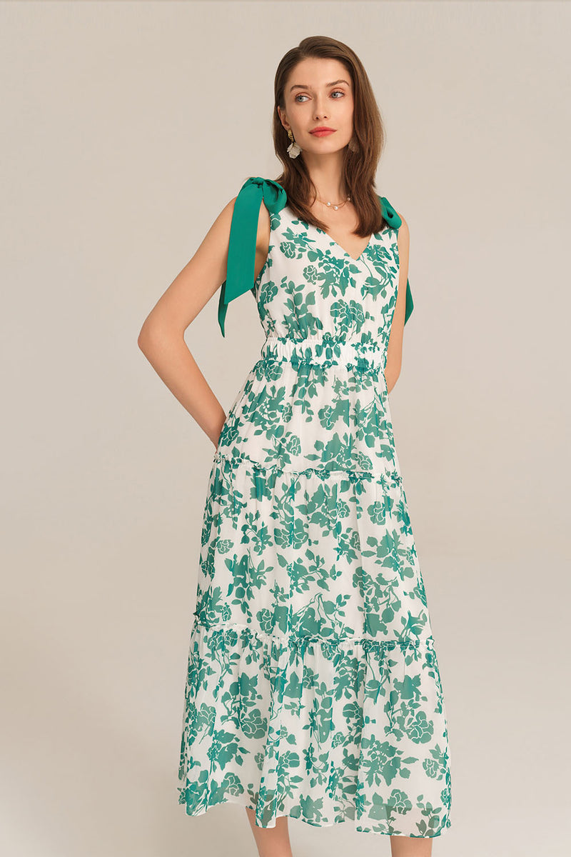 V-Neck Sleeveless Elastic Waist Tiered Flared Floral Midi Dress